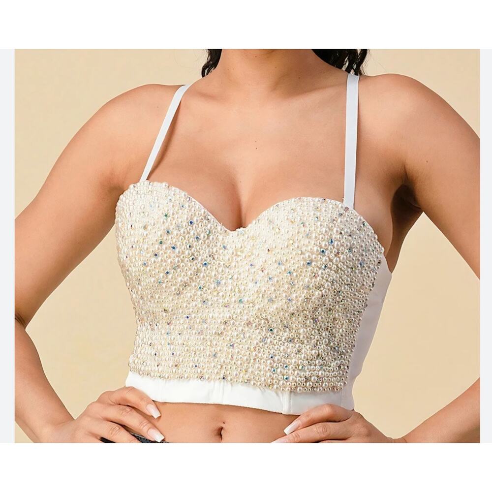 Pearl n Rhinestones M Sexy Glam Trimed Bustier‎ *SizeRunsSmall* See Pics. Blings
